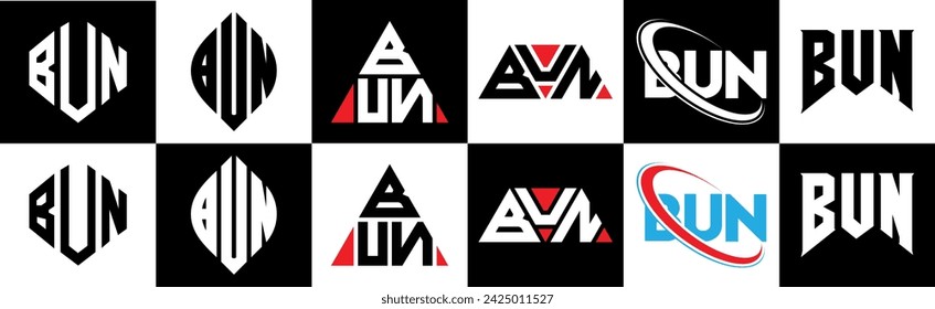 BUN letter logo design in six style. BUN polygon, circle, triangle, hexagon, flat and simple style with black and white color variation letter logo set in one artboard. BUN minimalist and classic logo