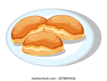 Bun on a plate. A product of bread. A quick meal. Breakfast. Cooking, cooking. Menu. Drawing for web design. Cartoon flat illustration. Close-up. Vector.	