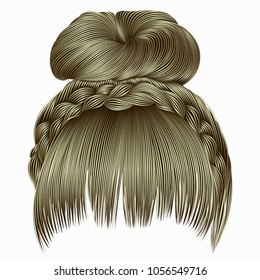 bun with plait and fringe. 
hairs blond light colors .
 women fashion beauty style . 
