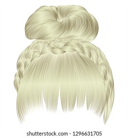 bun with plait and fringe. 
hairs blond light colors .
 women fashion beauty style . 
