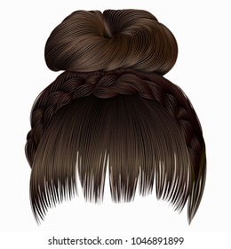 bun with plait and fringe. 
hairs brown light colors .
 women fashion beauty style .