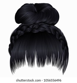 bun with plait and fringe. 
hairs brunette black colors .
 women fashion beauty style . 