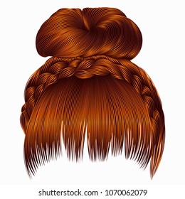 bun with plait and fringe. hairs Ginger colors .women fashion beauty style . 
