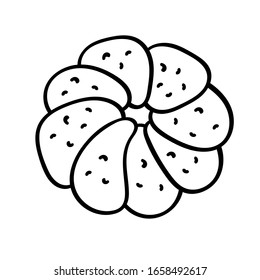Bun with poppy seeds. Bakery products. Food vector illustration. Outline drawing of white bread in the style of Doodle. Isolated objects on a white background. A hand-drawn element for the design.