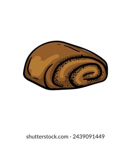 Bun with poppy seeds. Bright vector doodle illustration isolated on white background.