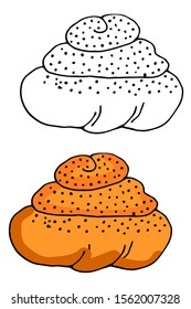 Bun with poppy seeds, delicious pastries. Hand-drawn vector illustration isolated on white background.