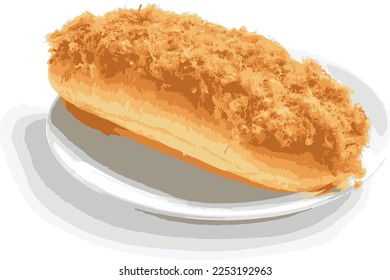 Bun with pork floss. There are photo and vector versions for design idea. In Asian cuisine, the bun must be springy, bouncing, soft and added with different meat. The pork floss is salty and tasty. 