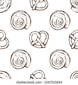 Bun, pretzel seamless border pattern in sketch style with hand drawn bakery product, cream background. For packaging and Wallpaper. Vector