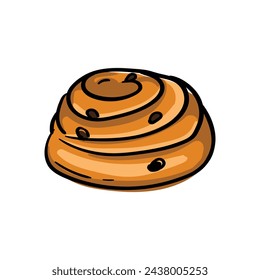 Bollo con pasas. Ilustración dibujada a mano del vector brillante aislada sobre fondo blanco.