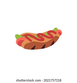 Bun with sausage and ketchup, delicious fast food. American popular snack hot dog on lunch. Flat cartoon vector illustration isolated on a white background.