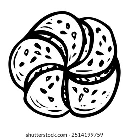 Bun with sprinkles hand drawn doodle. Baked pie. Bakery. Sweet food. Homemade pastry. Wheat dough bread. Sugar biscuit dessert. Vector sketch line art illustration.