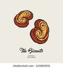 Bun sweet isolated hand drawn vector line illustration in old style. Vector tea biscuits, cookies for cooking logo, packaging design, cafe menu, banner, flayer, coffee shop in retro hand drawn style.