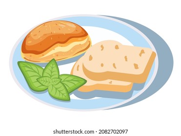 A bun and toast on a saucer. Layout of cartoon food on a plate. Vector. Food. Cooking. Collage for web design.