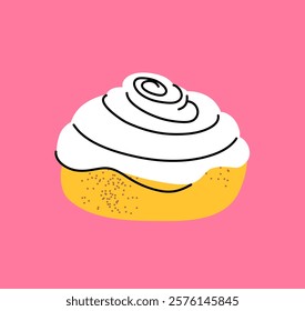 Bun with white icing on pink background, cinnabon, cute hand drawn illustration, drawing, flat style