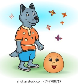The Bun. A wolf from the fairy tale Kolobok. Russian creativity. Funny pictures with animals and a fictional character. A book for young children. Vector illustration.