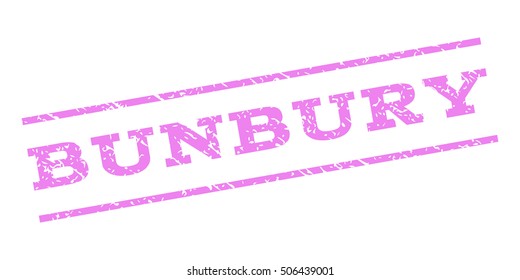 Bunbury watermark stamp. Text caption between parallel lines with grunge design style. Rubber seal stamp with unclean texture. Vector violet color ink imprint on a white background.