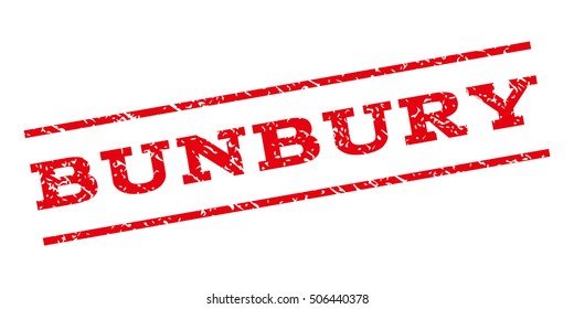 Bunbury watermark stamp. Text caption between parallel lines with grunge design style. Rubber seal stamp with dust texture. Vector red color ink imprint on a white background.