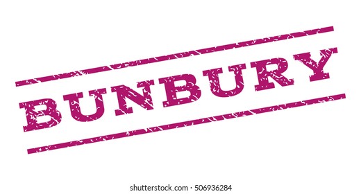 Bunbury watermark stamp. Text caption between parallel lines with grunge design style. Rubber seal stamp with unclean texture. Vector purple color ink imprint on a white background.