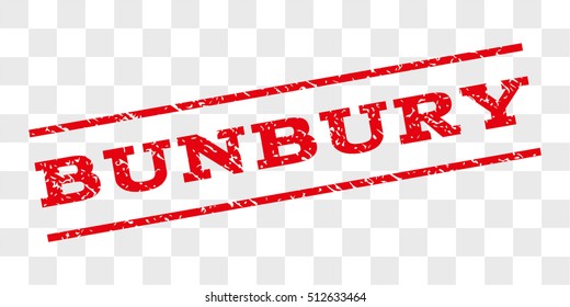 Bunbury watermark stamp. Text caption between parallel lines with grunge design style. Rubber seal stamp with dirty texture. Vector red color ink imprint on a chess transparent background.