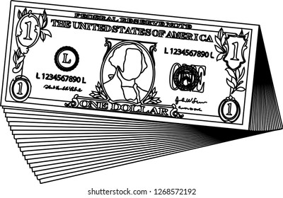 Bunch of 1 US dollar banknote outline