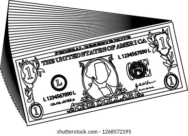 Bunch of 1 US dollar banknote outline
