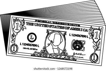 Bunch of 1 US dollar banknote outline