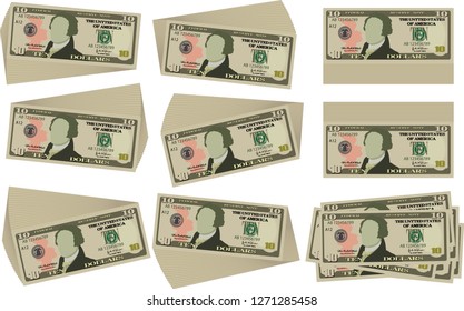 Bunch of 10 US dollar banknote set