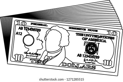 Bunch of 10 US dollar banknote outline