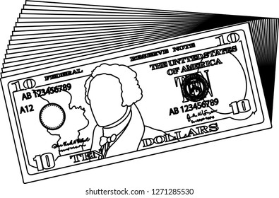 Bunch of 10 US dollar banknote outline