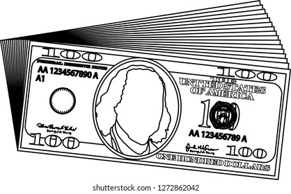 Bunch of 100 US dollar banknote outline