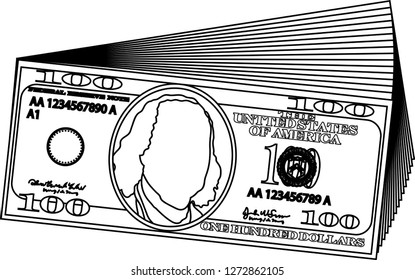 Bunch of 100 US dollar banknote outline