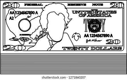 Bunch of 20 US dollar banknote outline