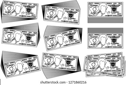 Bunch of 20 US dollar banknote outline set