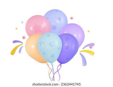 A bunch of 3d balloons with flying confetti and fireworks. For birthday, new year, wedding, festive. 3d vector illustration