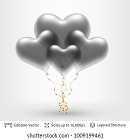 Bunch of 3D heart shaped air balloons. Easy to edit vector object. Holiday greeting card design element.