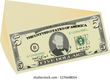 Bunch of 5 US dollar banknote