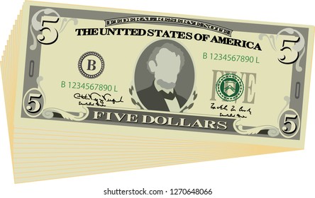 Bunch of 5 US dollar banknote