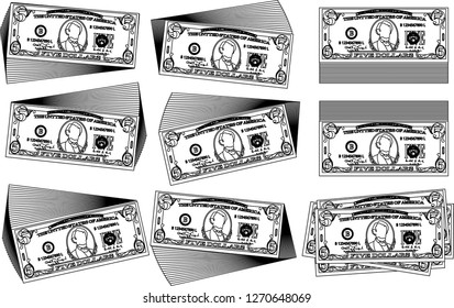 Bunch of 5 US dollar banknote outline set