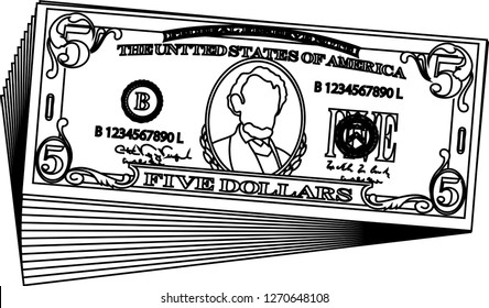 Bunch of 5 US dollar banknote outline