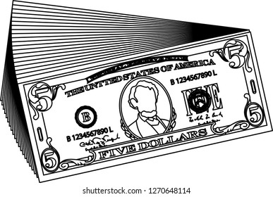 Bunch of 5 US dollar banknote outline