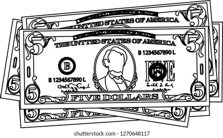 Bunch of 5 US dollar banknote outline