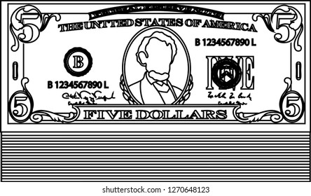 Bunch of 5 US dollar banknote outline