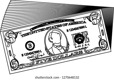 Bunch of 5 US dollar banknote outline