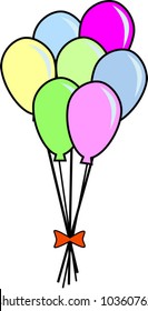 A bunch of 7 balloons tied together with a red bow.