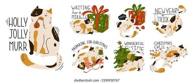 A bunch 7 scenes with funny Christmas cat. Set with domestic animals in holiday. New year stickers with cute adorable kitty. Greeting card for  party. Flat style in vector illustration.
