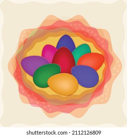 A bunch of 9 colorful eggs on the background, which is associated with a basket of cheerful colors.
