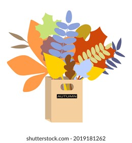 Bunch of abstract colorful autumn leaves in paper bag. Cartoon vector illustration.