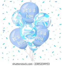 A bunch of abstract marbled texture balloons.Baby shower it's a boy greeting card.Vector illustration for card, party, design, flyer, poster, decor, banner, web, advertising.