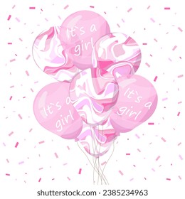 A bunch of abstract marbled texture balloons.Baby shower it's a girl greeting card.Vector illustration for card, party, design, flyer, poster, decor, banner, web, advertising.