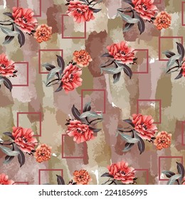 Bunch of autumn flowers on watercolor brush stroke background with checkered pattern